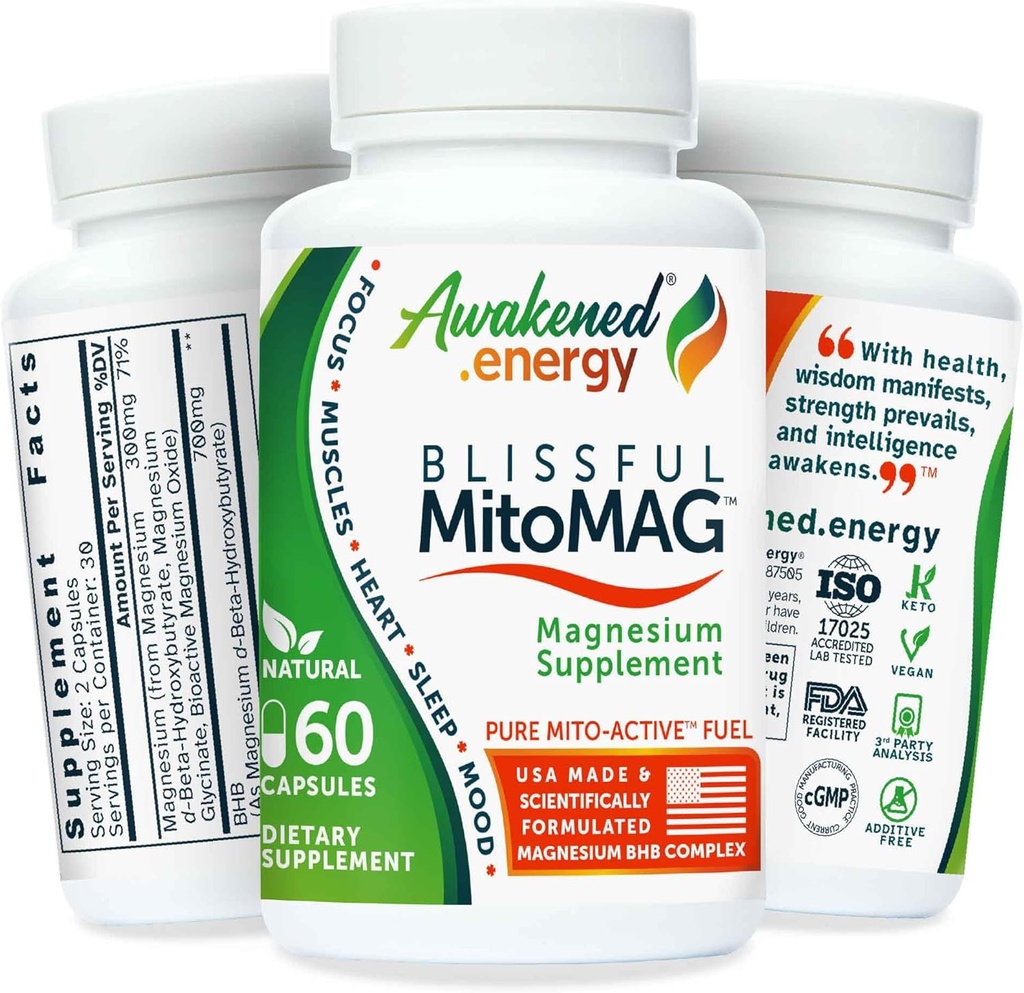 Blissful MitoMag – 300mg Elemental Magnesium Complex: Mg Glycinate, Mg BHB - Sleep Muscles Mood Energy Cognitive Focus Calm – All Natural, USA Made, No Additives – 60 Vegan Capsules Supplement