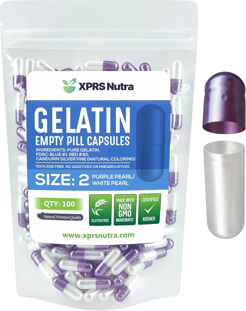 XPRS Nutra Size 2 Empty Capsules - 100 Count Empty Gelatin Capsules - Pills DIY Capsule Filling - Pure Bovine Pill Gel Caps for Do-It-Yourself Supplements (Pearl Purple/White)