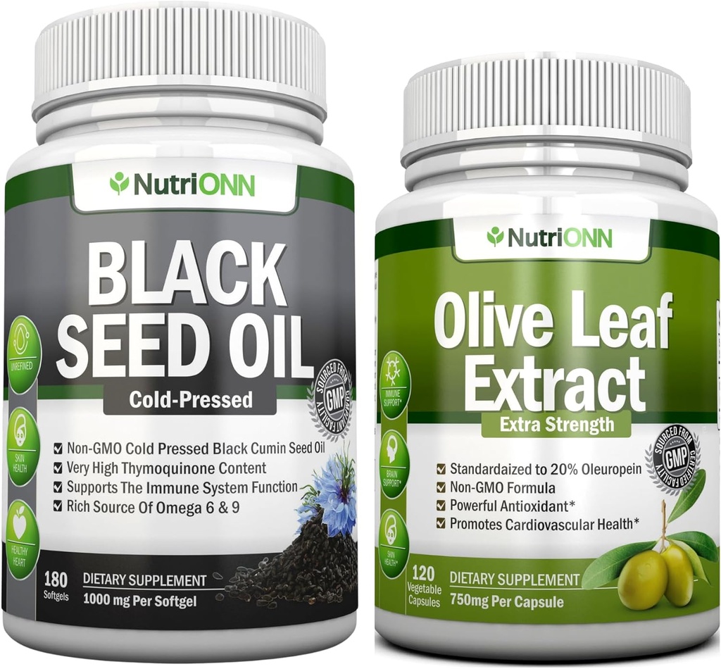 Black Seed Oil Softgels & Olive Leaf Extract Capsules Combo - Targeted Immune Support