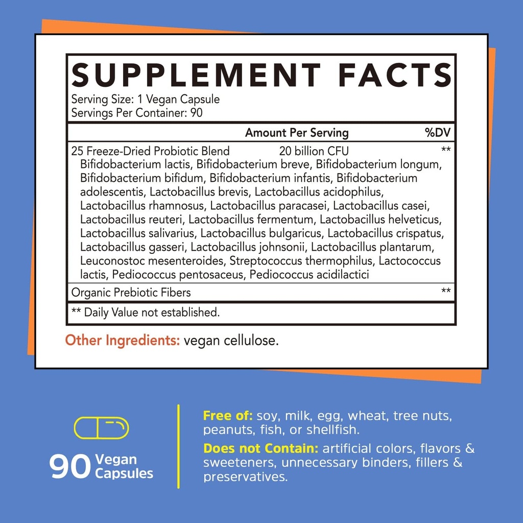 Gutcha Probiotics, 20 Billion for Men & Women, 25 Strains + Prebiotic Fiber for Gut Health, Immune Support, Digestive Support, Freeze-Dried, Delayed-Release, Shelf-Stable, 90 Vegan Caps