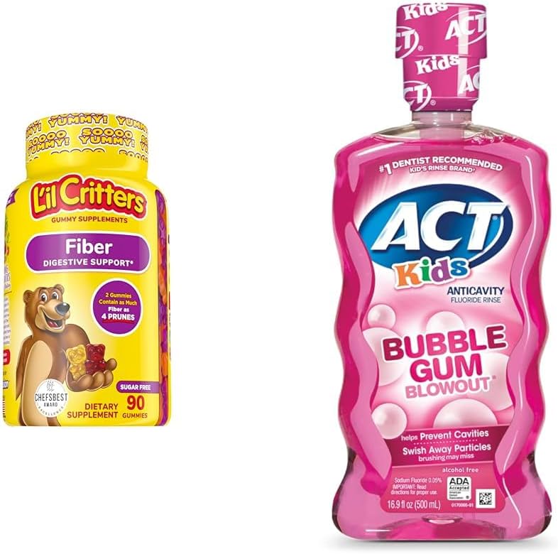 L'il Critters 90 Fiber Gummy Supplement and ACT Kids 16.9oz Anticavity Fluoride Rinse Bundle