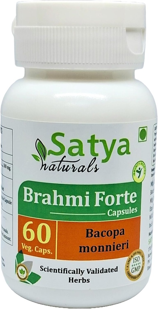 Brahmi Forte Capsules 500 mg. 60 Veg. Capsule | Brahmi (Bacopa Monnieri) Extract Capsules for Men and women | Ayurvedic Herbal Supplement/Remedies | 10:1 Forte (1 Bottle of 60 Capsules)