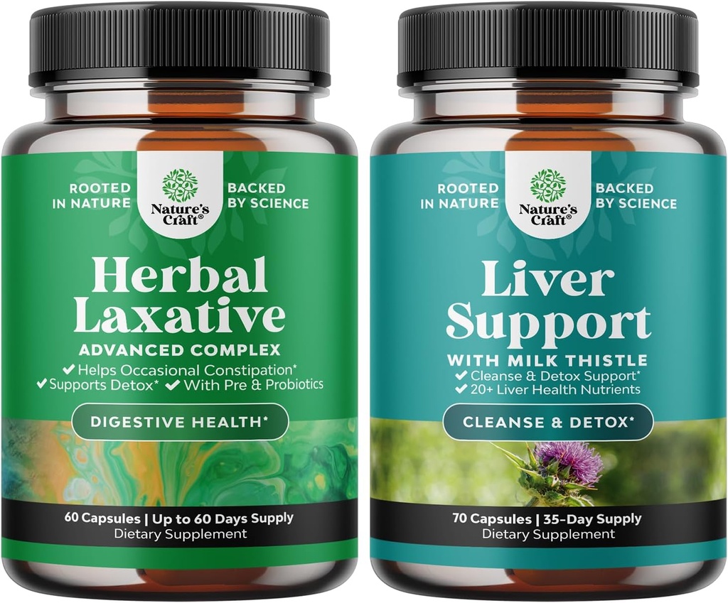 Bundle of Herbal Laxative Capsules with Probiotics and Liver Cleanse Detox & Repair Formula - Natural Colon Detox Digestive Support System - Herbal Liver Support Supplement with Milk Thistle