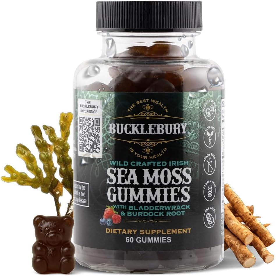 Wild Crafted Irish Sea Moss Gummies with Bladderwark & Burdock Root - Natural Chewable Multivitamin Vegan Sea Moss Gummies for Immune, Thyroid & Digestive Support - 60 Count