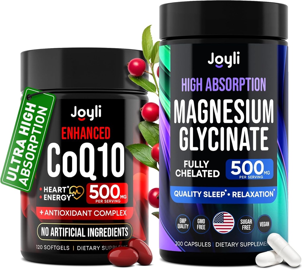 CoQ10 + Magnesium Glycinate 500MG - Sleep & Heart Health - Coenzyme Q10 Magnesium Glycinate for Kids, Adults - Magnesium Ashwagandha Co Q10 - 120 Coq10 softgels + 200 Magnesium Glycinate Capsules