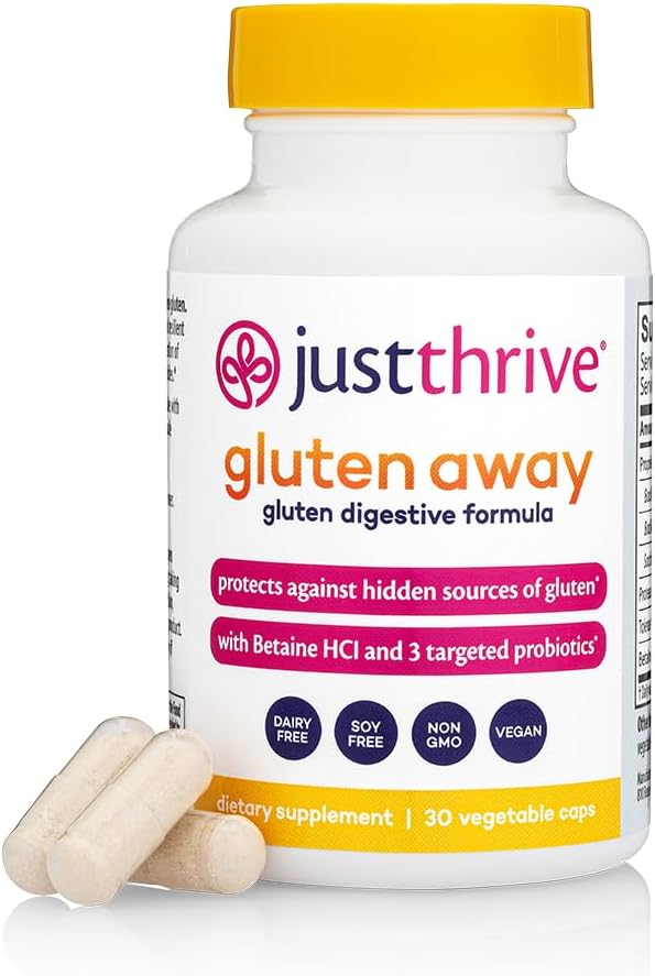[BRSRE2T4BAFQEYD5] Just Thrive Gluten Away - 30 Servings Digestive Enzymes + Probiotic Support for Gluten Defense - Vegan, Gut Health Supplement