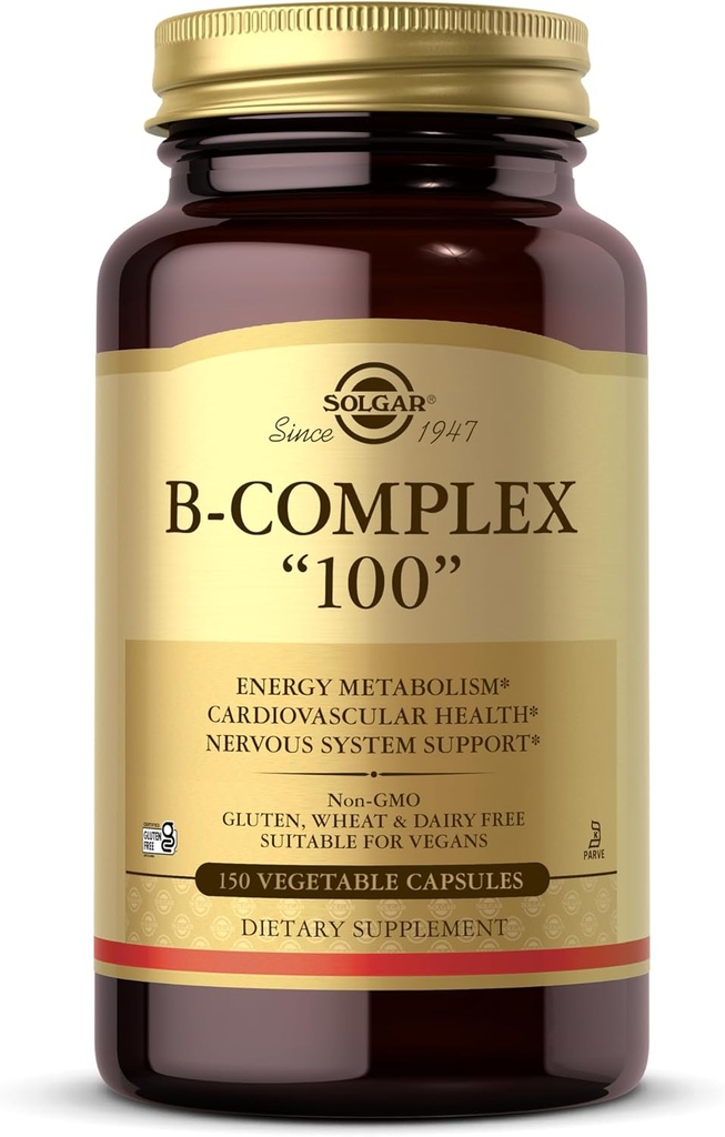 Solgar B-Complex "100", 150 Vegetable Capsules - Nervous System Support - Supports Energy Metabolism - Non-GMO, Vegan, Gluten Free, Dairy Free, Kosher - 150 Servings