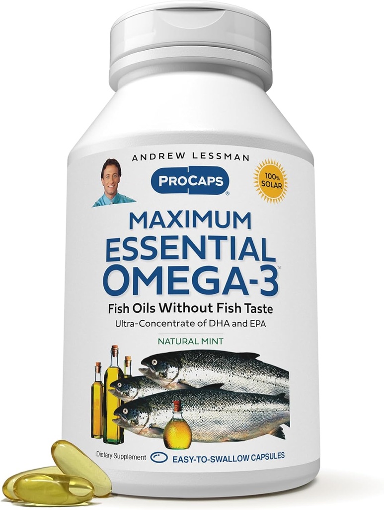 ANDREW LESSMAN Maximum Essential Omega-3 Mint - 60 Softgels - Ultra-Pure, High Potency Omega-3 Oils. High DHA, No Stomach Upset, No Contaminants, No Mercury. Small Easy to Swallow Softgels