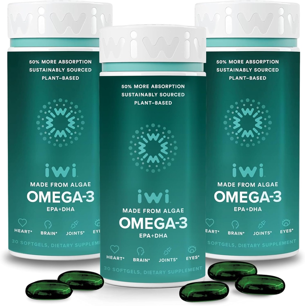 [BRSROZAHAECBUYAY] Iwi Omega-3, 90 Softgels (90 Servings), Vegan Plant-Based Algae Omega 3 with EPA + DHA, Whole-Body Support Dietary Supplement, Krill & Fish Oil Alternative, No Fishy Aftertaste