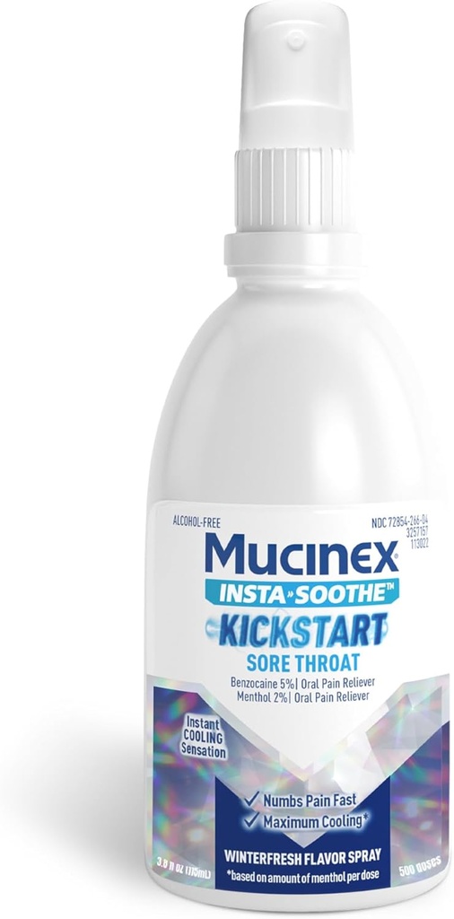 Mucinex Instasoothe Kickstart Sore Throat Relief, Throat Numbing Spray Starts to Work On Contact, Sore Throat Pain Medicine, Relieves Oral Pain, 3.8 FL Oz