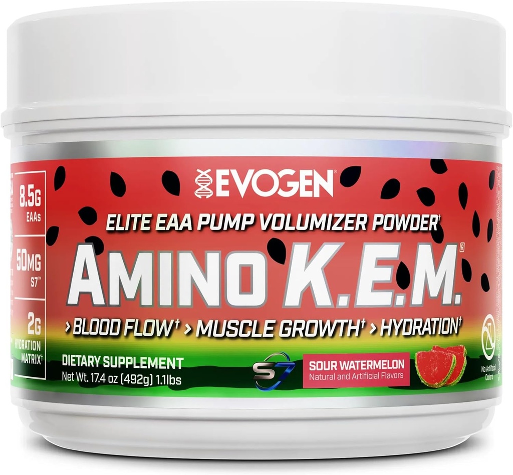 Evogen Amino K.E.M. - EAA & BCAA Powder Pump Volumizer | BCAAs Amino Acids Supplement for Blood Flow, Muscle Growth, & Hydration | Sour Watermelon | 30 Servings