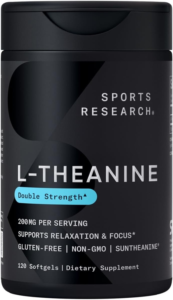 Sports Research® L-Theanine 200mg w/Organic Coconut Oil - Made with Suntheanine® for Focus, Relaxation & Alertness - Double Strength · Non-GMO · Gluten Free - 120 Softgels