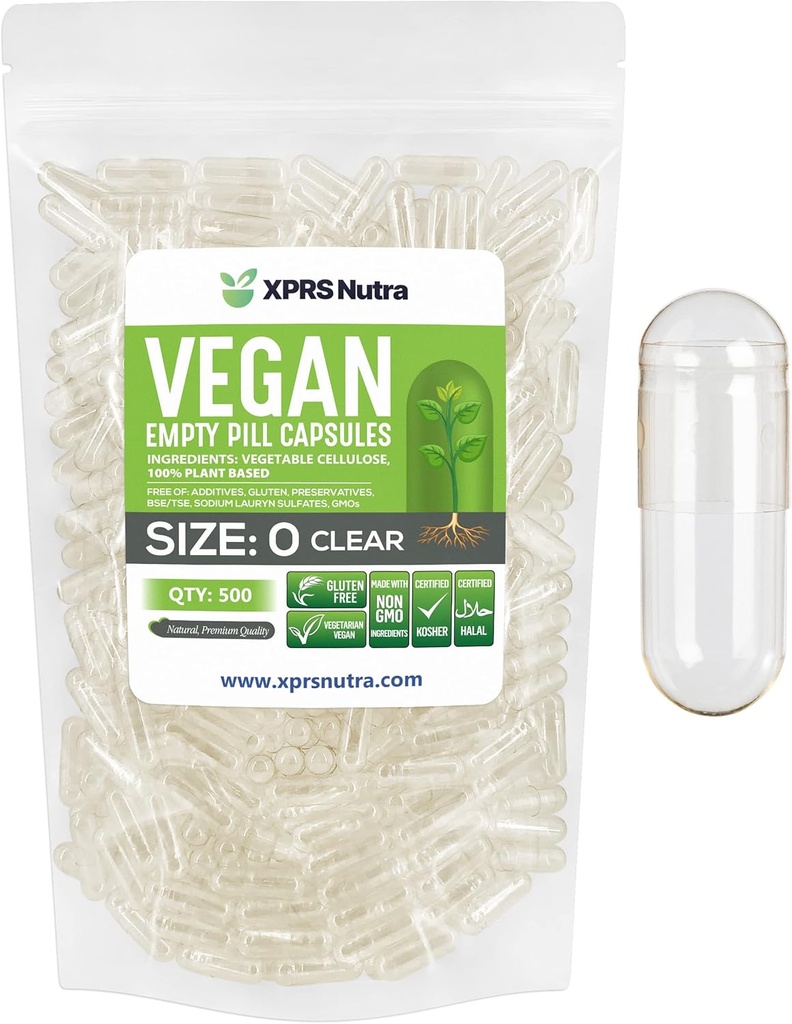 XPRS Nutra Size 0 Empty Capsules - 500 Count Clear Empty Vegan Capsules - Vegetarian Pills - DIY Vegetable Capsule Filling - Veggie Pill Caps for Do-It-Yourself Supplements