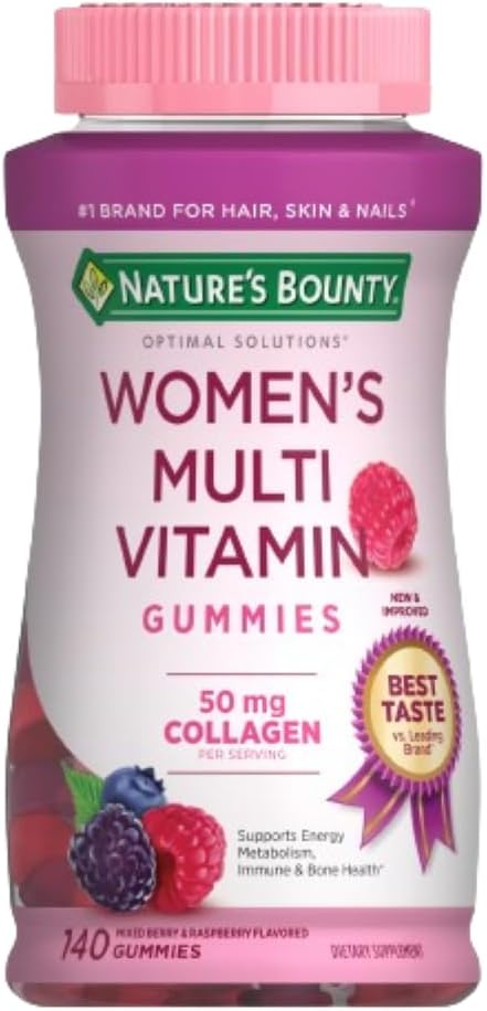 Nature's Bounty Optimal Solutions, Women's Multivitamin Gummies for Immune Support, Cellular Energy Support, Bone Health, Raspberry Flavor, 140 Ct