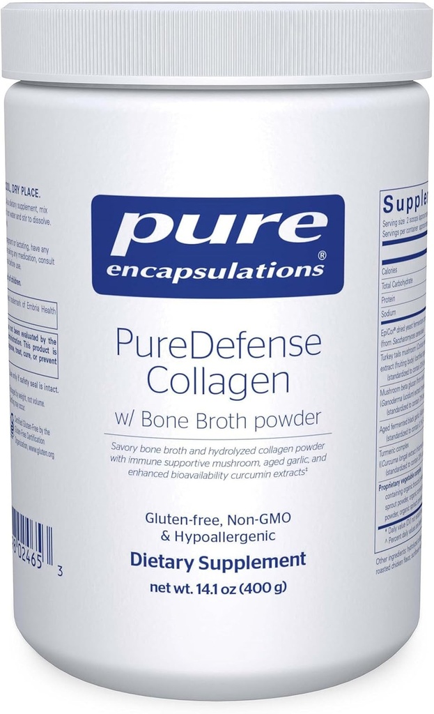 Pure Encapsulations PureDefense Collagen w/Bone Broth | Savory Bone Broth and Hydrolyzed Collagen Powder with Mushroom, Aged Garlic, and Enhanced Bioavailability Curcumin Extracts | 14.1 Ounces