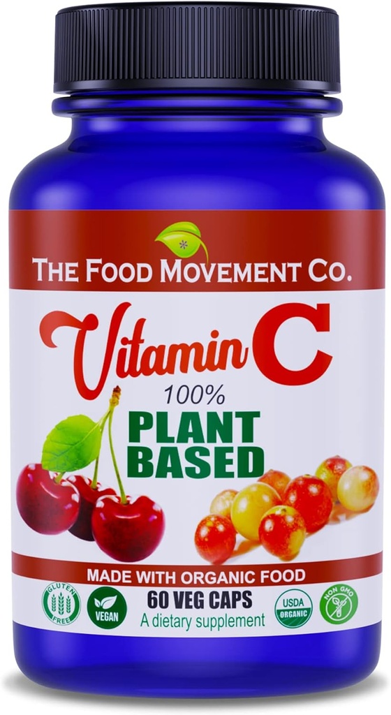 100% Plant-Based Vitamin C 60 Capsules 125mg - Adults Immune System Antioxidant Support Dietary Supplement - Whole Food Vegan Supplements from Organic Non-GMO Gluten-Free Fruits