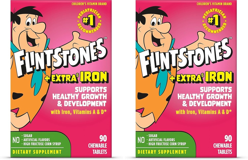 Flintstones Chewable Kids Multivitamin with Vitamin C, D, B12 & Iron for Toddlers, 90 Count (Pack of 2)