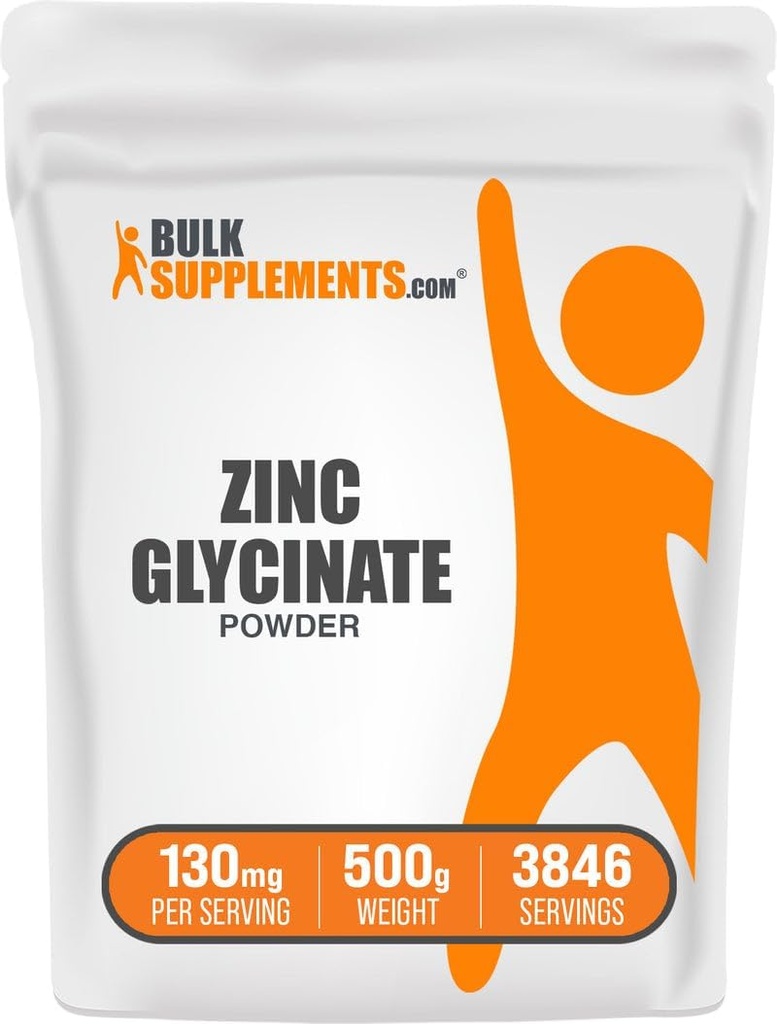 BulkSupplements.com Zinc Glycinate Powder - Zinc Supplement, Mineral Supplement for Immune Support - Gluten Free, 130mg per Serving, 500g (1.1 lbs) (Pack of 1)