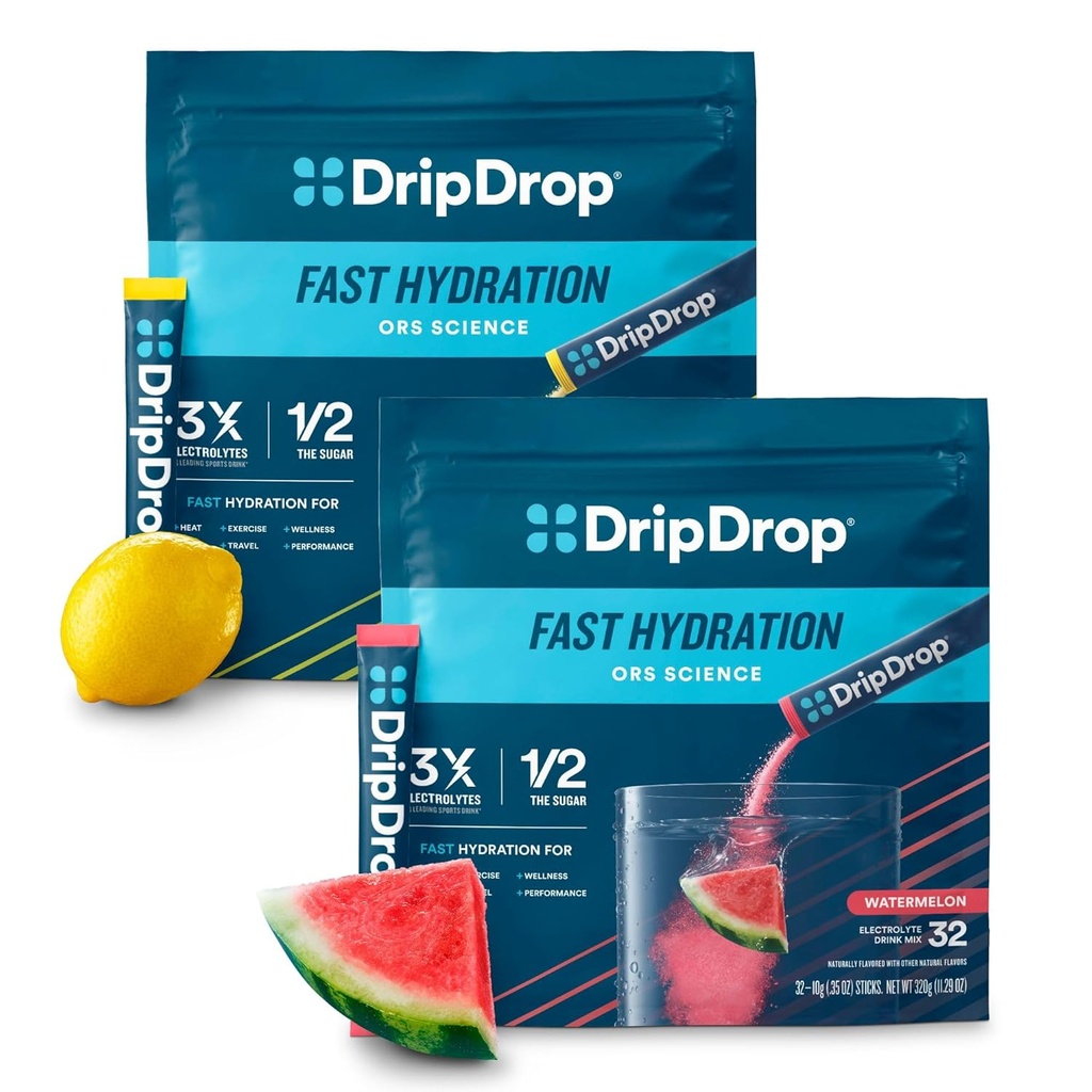 DripDrop Hydration - Electrolyte Powder Packets - Watermelon & Lemon Bundle - 64 Count