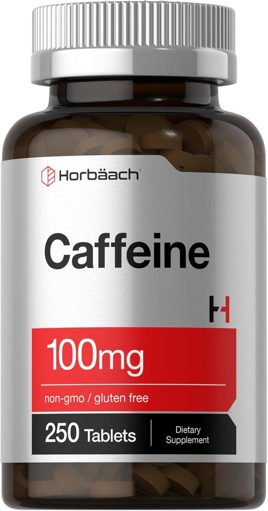 Horbäach Caffeine Pills 100mg | 250 Tablets | Vegetarian Formula | Non-GMO, Gluten Free Supplement