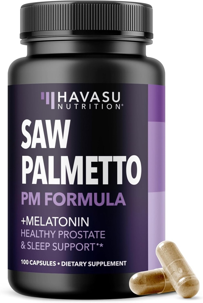 Saw Palmetto PM for Men with Melatonin 3mg - Night Time Prostate Health Supplement for Bladder and Sleep Support - Reduce Urinary Frequency - 100 Count - Vegan, Non-GMO Capsules - Over 3 Month Supply