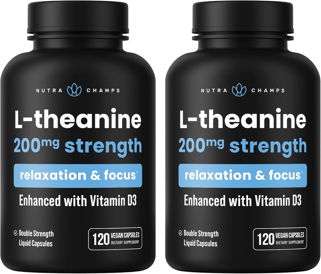NutraChamps L-Theanine 200mg Capsules, Double-Strength L-Theanine Liquid with Vitamin D3, Organic Coconut Oil, 120 Vegan Capsules (Pack of 2)