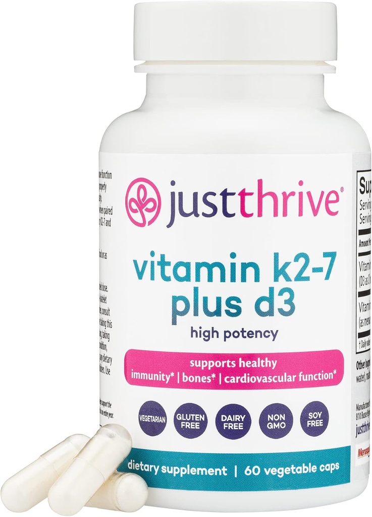 Just Thrive Vitamin K2-7 Plus D3 - Immune, Heart, and Bone Health Supplement, 60 Vegetable Capsules