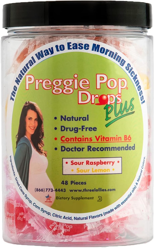 Preggie Pop Drops Plus Fortified with Vitamin B6 - Morning Sickness Relief Fortified with Vitamin B6. Preggie Pops for Relief for Pregnant Women Candy Drops. Sour Raspberry & Sour Lemon 48 Count