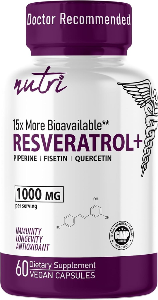 Nutri Resveratrol Supplement 1000mg (Ultra High Purity Trans-Resveratrol) - 15x More Bioavailable with Liposomal Quercetin and Fisetin - Antioxidant, Longevity, Organic Piperine - 60 Vegan Capsules