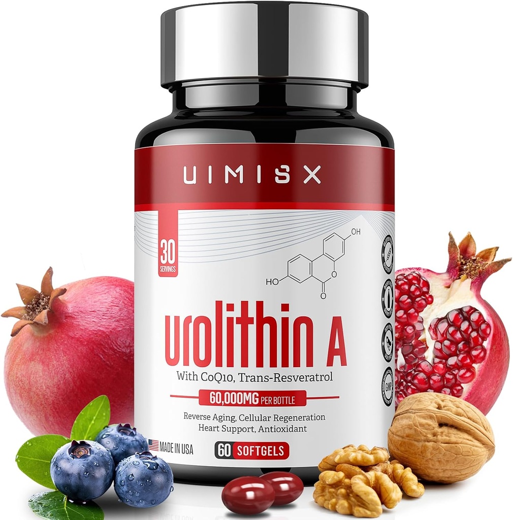 Urolithin A Pro Supplement 1000mg, 60 Softgels Super Antioxidants with Resveratrol & CoQ10 for Energy Production and Healthy Aging- Mitoceutical for Muscle Strength and Skin Care