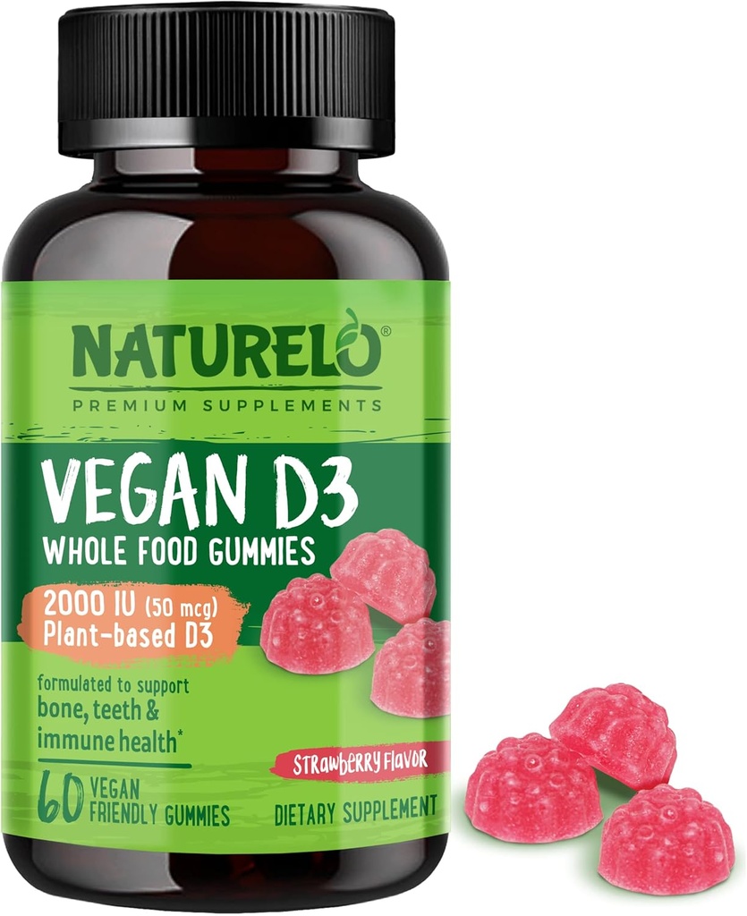 [BRSW2EIBBVYGM3TB] NATURELO Vegan D3 Gummies for Bone, Teeth, & Immune Health - 2000 IU Vitamin D3 - Plant-Based Whole Food Supplement - 60 Vegan-Friendly Gummies