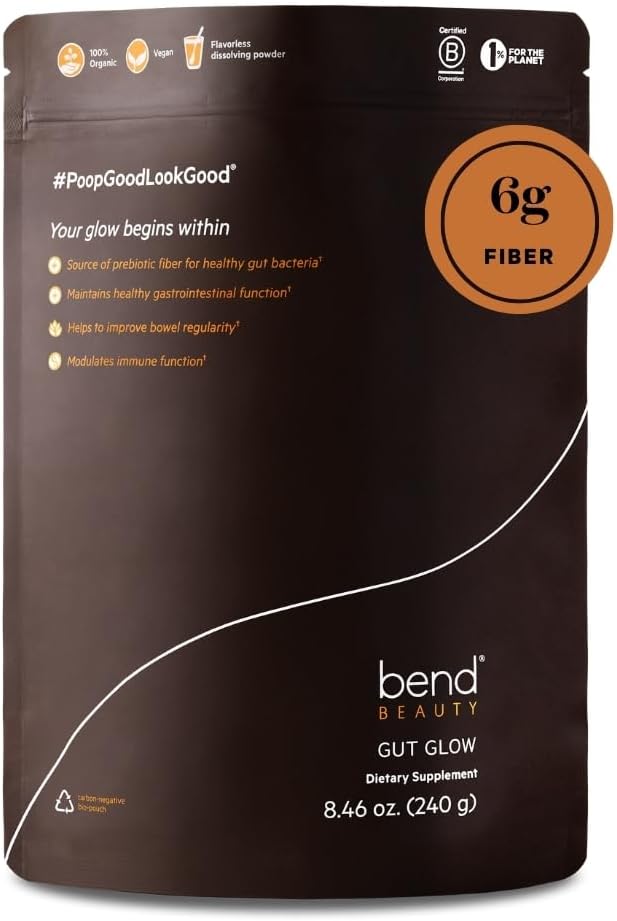 Bend Beauty Gut Glow | Daily Prebiotic Fiber Supplement Powder w/Tremella Mushroom Exract | Digestive Gut Health | 6g of Soluble Fiber per Serving | 100% Organic, Vegan, Sugar Free Fiber | Unflavored
