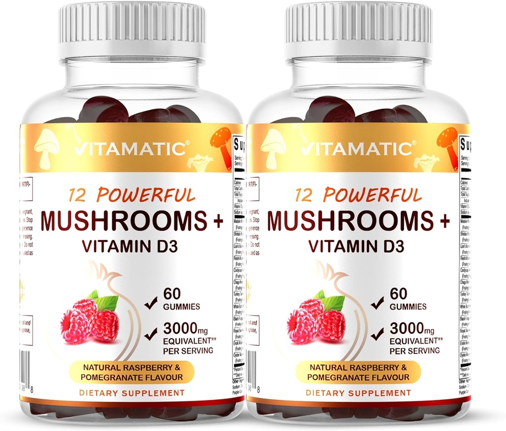 Vitamatic Mushroom Complex with D3, 60 Pectin Based Gummies, (Pack of 2)