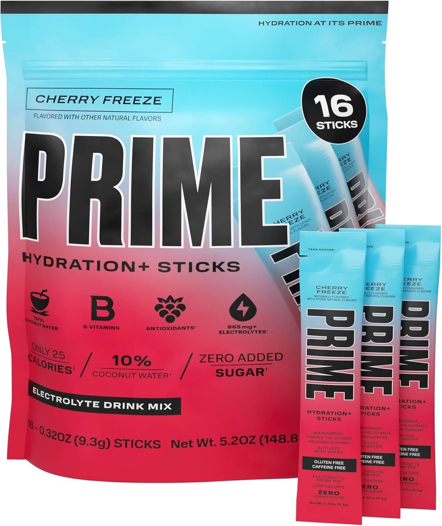 PRIME HYDRATION+ Sticks Cherry Freeze | Hydration Powder Single Serve Sticks | Electrolyte Powder On The Go | Low Sugar | Caffeine-Free | Vegan | 16 Sticks