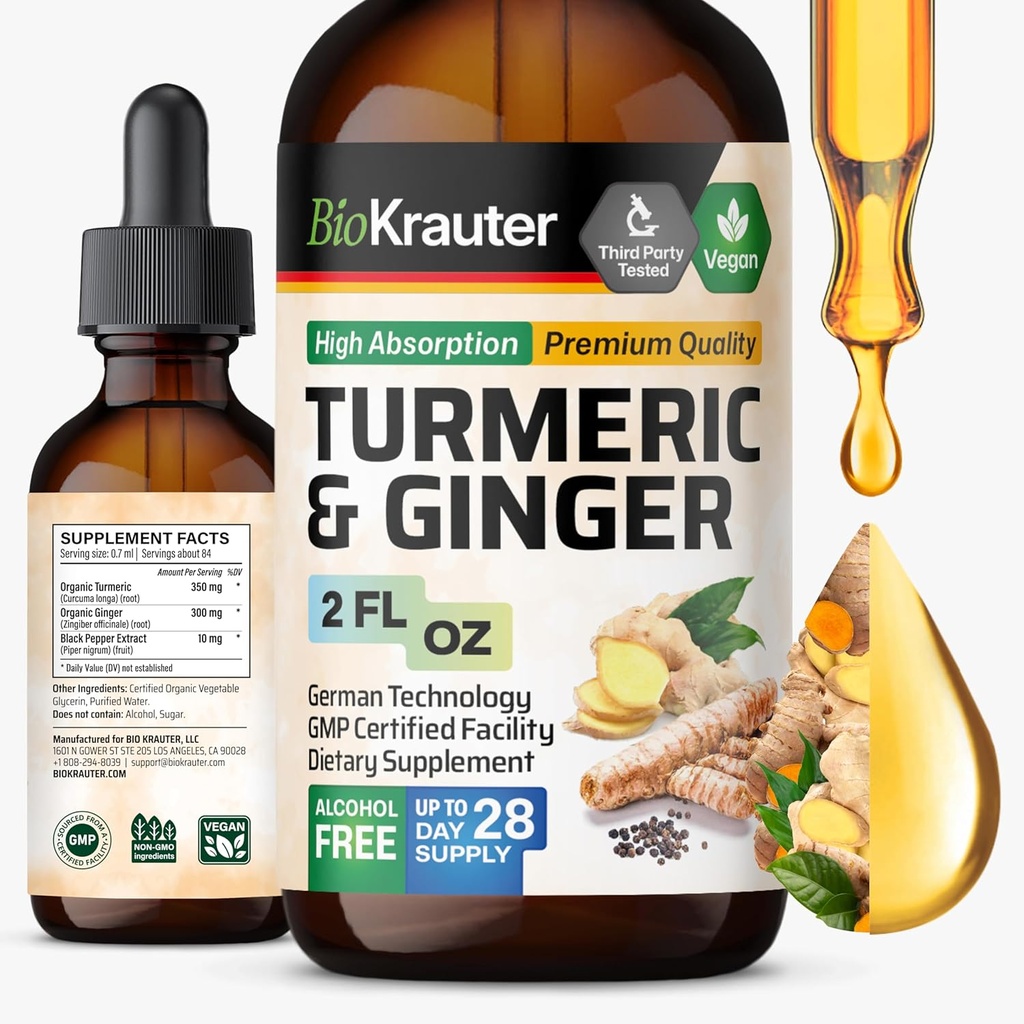 BIO KRAUTER Turmeric and Ginger Supplement Tincture - Turmeric Curcumin Immune Support Drops - Ginger Extract with Black Pepper - Vegan Formula - 2 Fl.Oz.