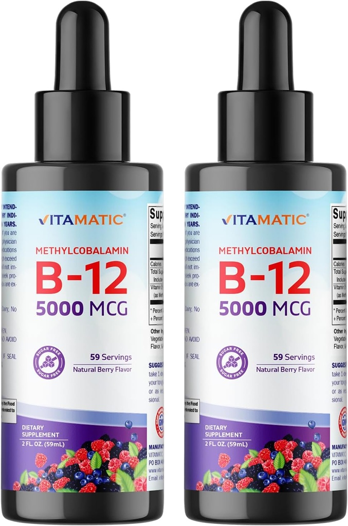 [BRSRO2QLA4NWEELA] Vitamatic 2 Packs Fast Acting Liquid Vitamin B12 5000 mcg (Methylcobalamin) - Natural Berry Flavor - Sublingual Supplement - Faster Absorption - 2 OZ