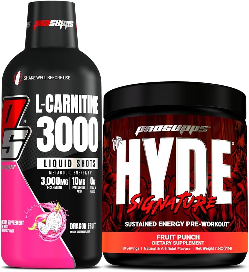 PROSUPPS L-Carnitine 3000 Stimulant Free Liquid Shots (Dragon Fruit) and Mr. Hyde Signature Series Pre-Workout Energy Powdered Drink (Fruit Punch) Bundle