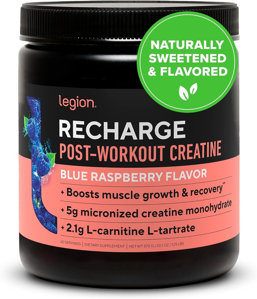 Legion Recharge Post Workout Supplement - All Natural Muscle Builder & Recovery Drink With Micronized Creatine Monohydrate. Naturally Sweetened & Flavored, Safe & Healthy. (Blue Raspberry, 60 Serving)
