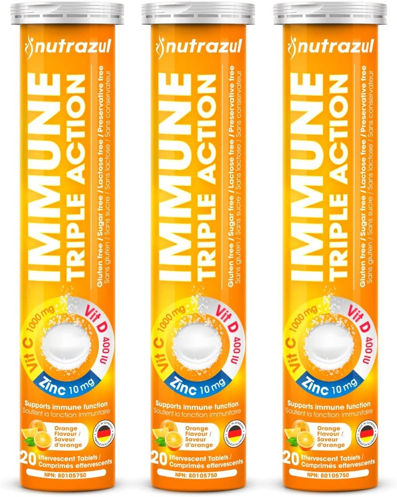 nutrazul Immune Triple Action Effervescent Tablet-1000 mg Vitamin C, Vitamin D, Zinc I Orange 20's (Pack of 3) I Gluten Free, Sugar Free, Lactose Free & Preservative Free I Maintains Immune Function