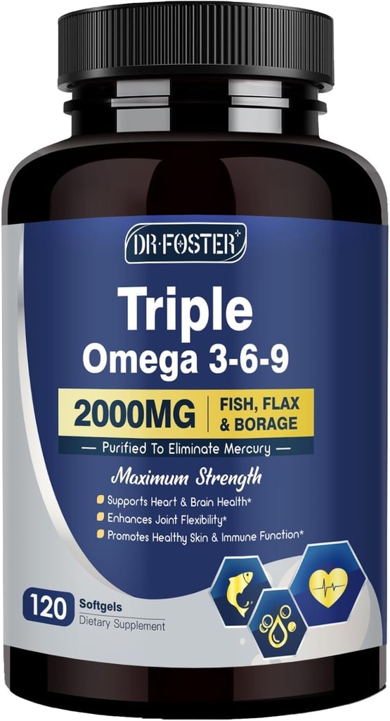 Triple Omega 3-6-9 Fish Oil 2000mg with Vitamin E - EPA & DHA Fatty Acids Supplement - Supports Heart, Brain, Eye, Skin & Immune Health - Includes Flaxseed & Borage, Non-GMO, 120 Softgels