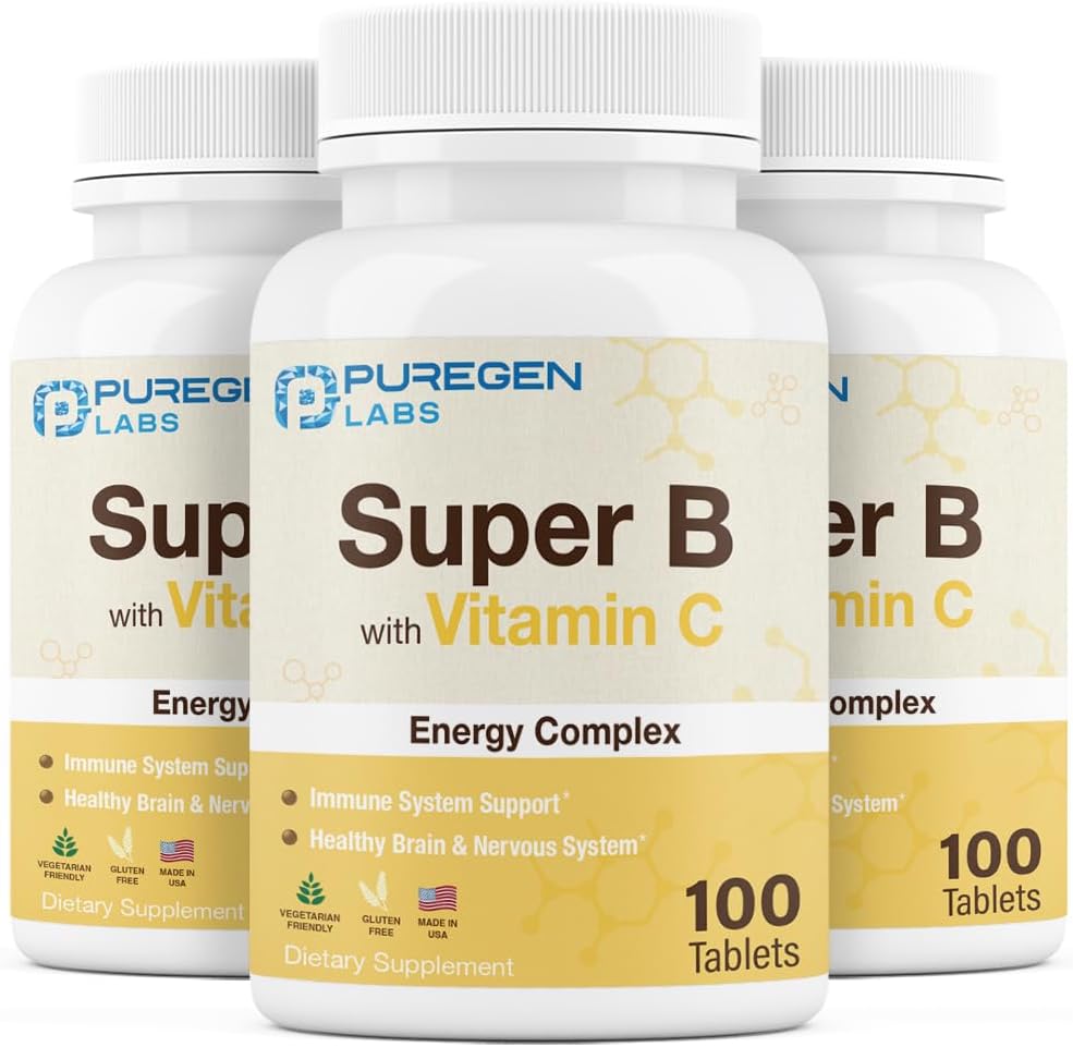 Puregen Labs Super B Energy Complex with Vitamin C - Immune Health, Energy & Nervous System Support - Non-GMO, Gluten-Free | 3 Pack – Total 300 Tablets