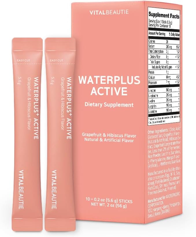 Waterplus Active (Vegan Electrolyte Drink Mix) Containing BCAA, L-Arginine, L-Carnitine, Calcium by AMOREPACIFIC - 10 Sticks (Grapefruit & Hibiscus)