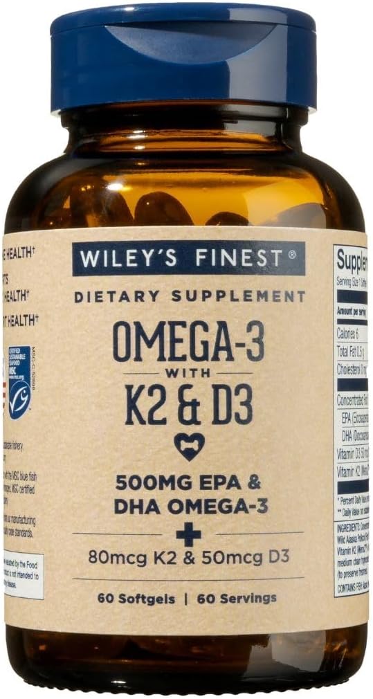 [BRSWGZ35BMNAIADF] Wiley's Finest Wild Alaskan Fish Oil Vitamin K2 & D3 Softgels - 500mg of EPA and DHA Omega-3s for Bone and Heart Health Support - 60 Softgels (60 Servings)