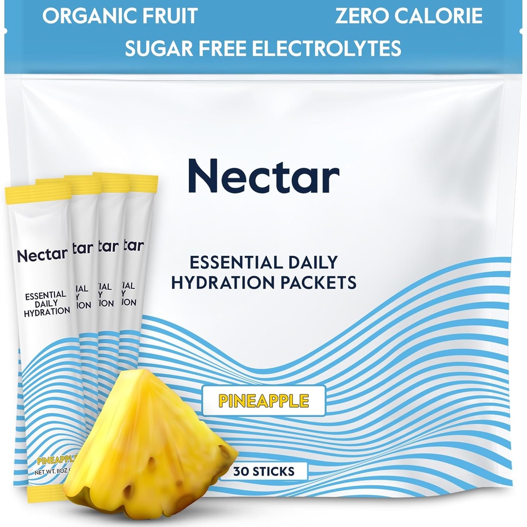 Nectar Hydration Packets - Electrolytes Powder Packets - Sugar Free & 0 Calorie - Organic Fruit Liquid Daily IV Hydrate Sticks for Dehydration Relief & Rehydration (Pineapple 30 Pack)