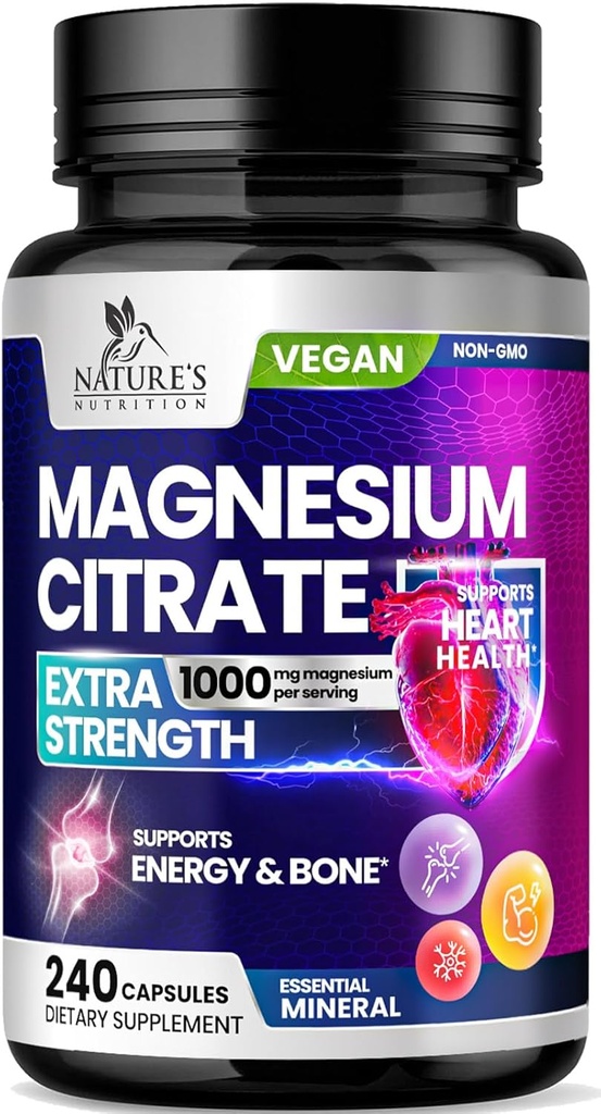 Magnesium Citrate Supplement 1000 mg for Best Absorption, Supports Bone, Heart Health, Nerves, Muscles, Metabolism & Calm, Nature's Pure Magnesio Vitamin Pills, Bottled in USA - 240 Capsules