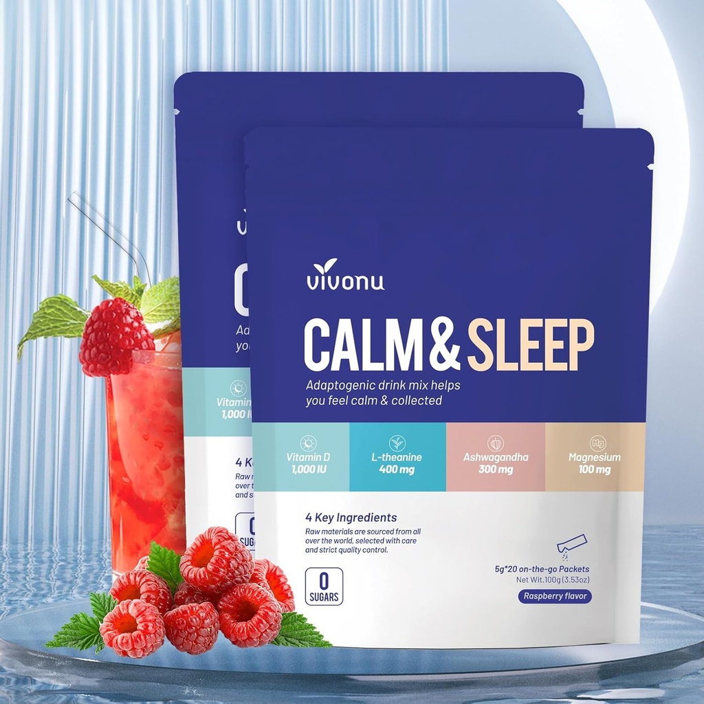 Calm & Sleep Powdered Drink Mix Raspberry L Theanine Ksm-66 Ashwagandha Magnesium Glycinate Vitamin D 3 Supplements for Relaxation & Focus No Sugar Non GMO