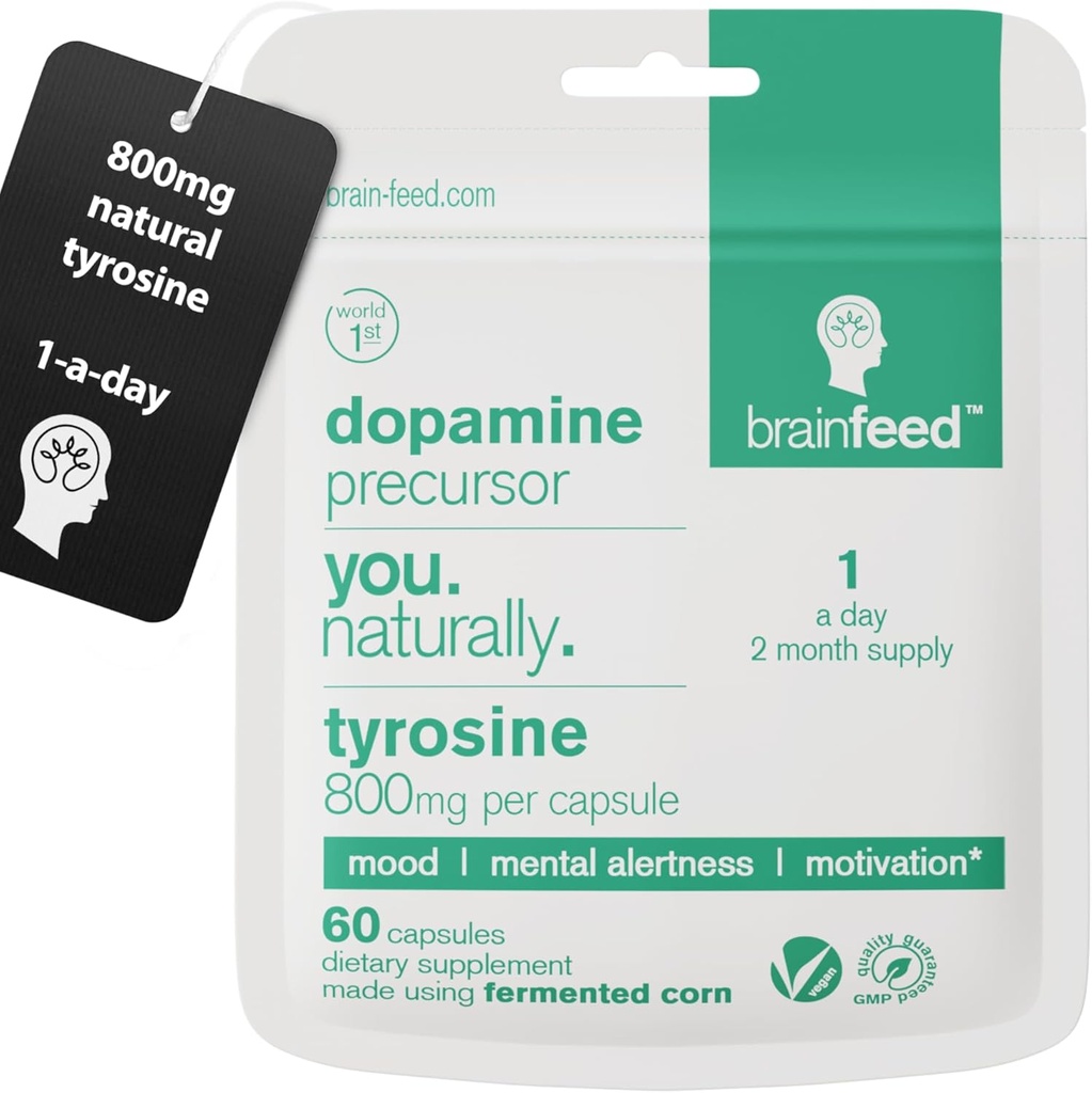 Dopamine Supplements | 800mg l-tyrosine supplement | Natural Dopamine Booster For Focus, Energy, Alertness & Motivation | 60 capsules – 1 a day | Dopamine Brain Food Supplement |Thyroid support