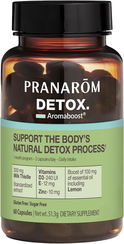 Pranarom - Aromaboost Detox Herbal Supplement - Eliminates Toxins and Drains The Body - Milk Thistle and Zinc - Vitamins D3 and E - Lemon Essential Oil - 60 Count