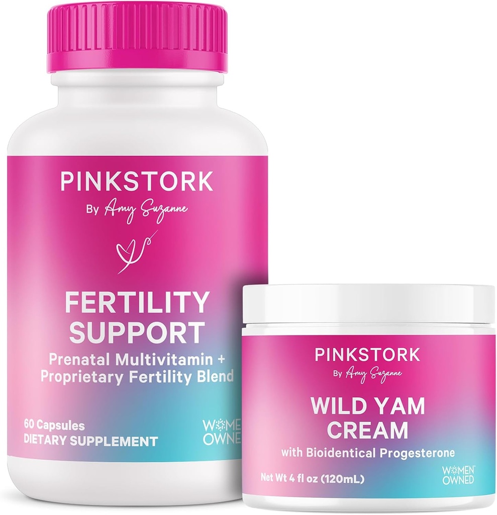Pink Stork Fertility Supplements for Women and Wild Yam Cream to Support Conception and Hormone Balance, Inositol, Ashwagandha, Vitex, and Folate - Duo