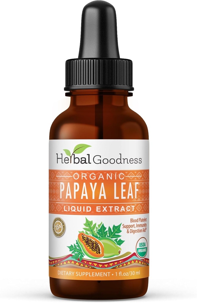 Herbal Goodness Organic Papaya Leaf Extract Tincture 1oz – 15X Concentrated Carica Papaya Drops | Supplement for Platelets Support, Immune Balance & Digestive Health | Non-GMO, Vegan, Gluten Free